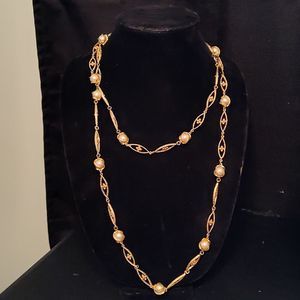Amazing long Corocraft 52" long Gold Tone Faux Pearl Flapper Necklace